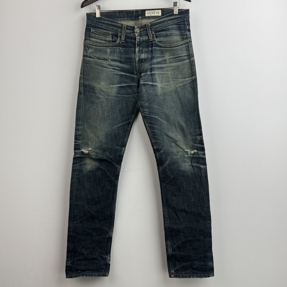 Gustin Selvedge Jeans Men's 32x33 Slim Raw Denim Faded Button Fly Distressed USA